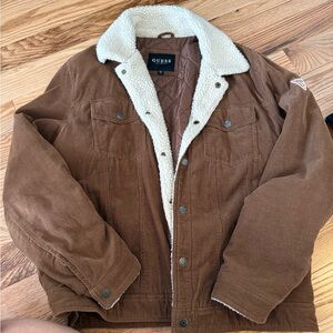 Vintage GUESS Men's Tan Sherpa-Lined Jacket